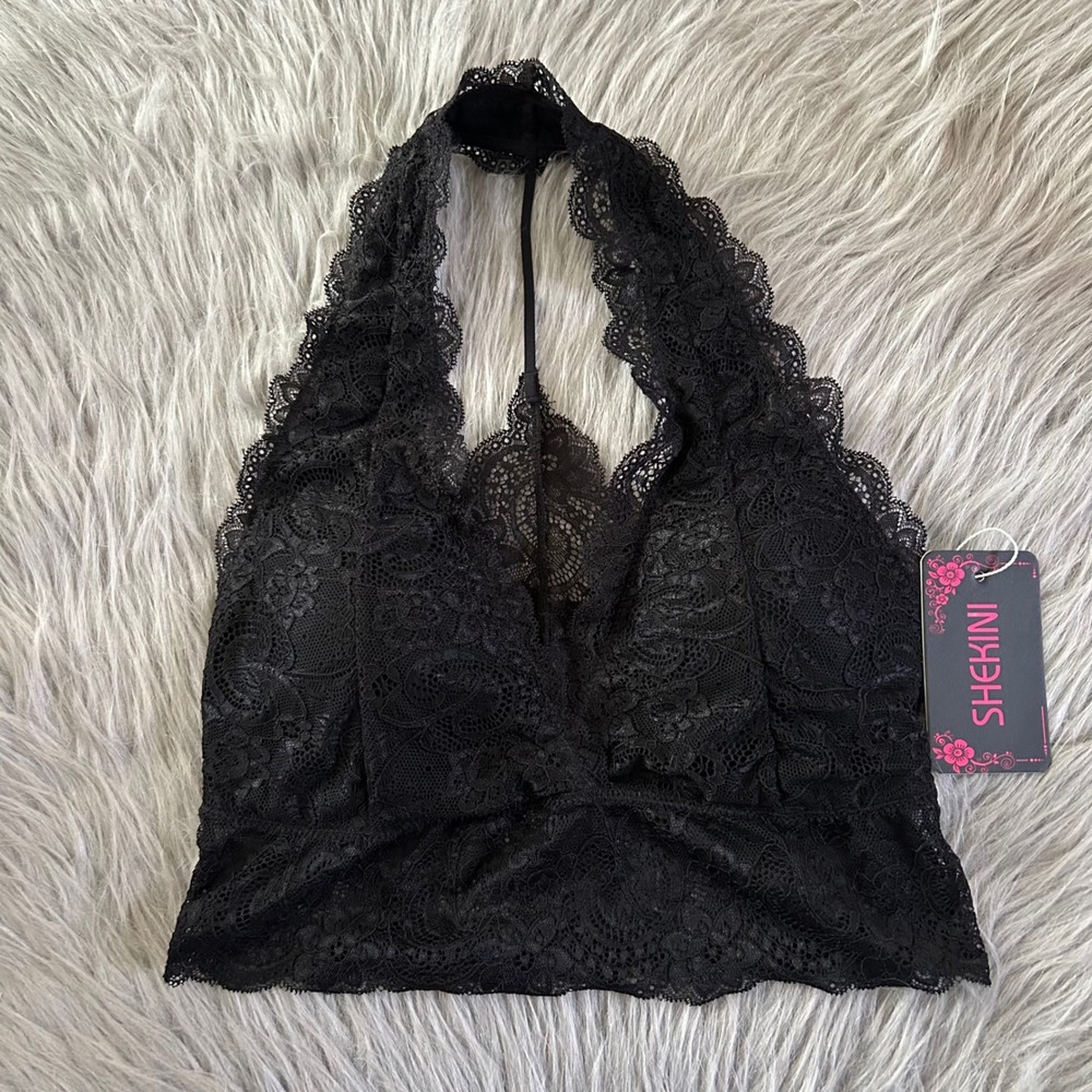SHEKINI Wireless Bralette Womens Size Medium Black Lace Halter Neck Wirefree Bra